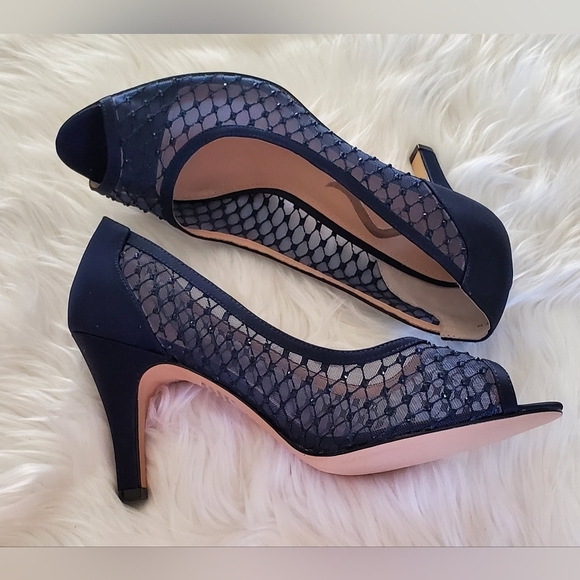 Nina Fanya Satin Navy Peep-Toe Heels With Mesh And Rhinestone Design Size 10 - Picture 2 of 8